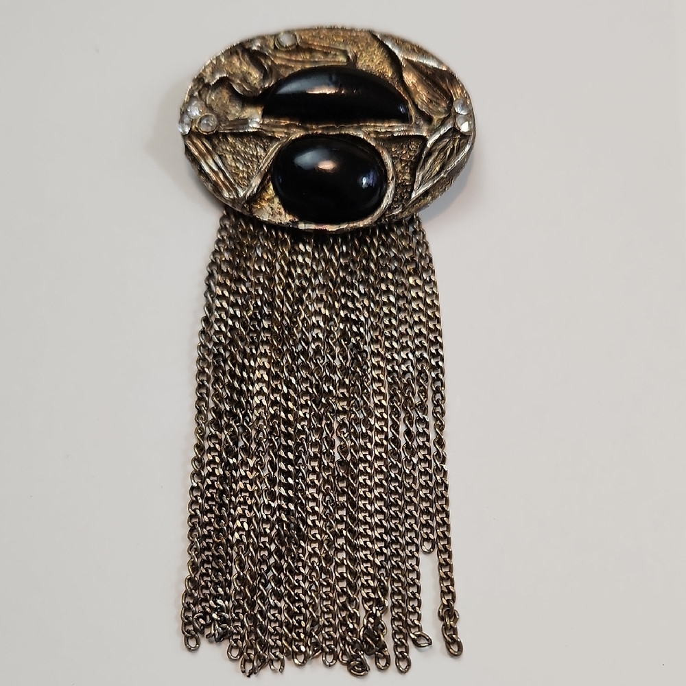 Vintage Brutalist Waterfall Tassel Brooch Gold Tone Black Glass Rhinestones